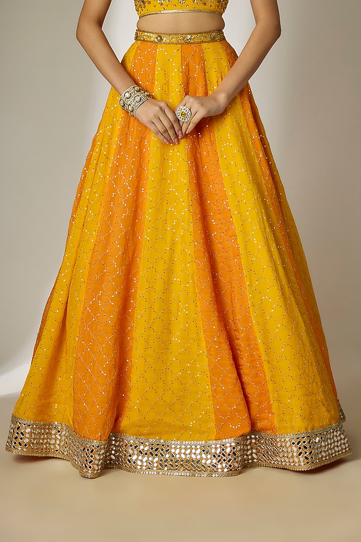 Yellow & Orange Viscose Organza Mirror Embellished Wedding Lehenga Set by Essay by Sumedha Agrawal at Pernia's Pop Up Shop