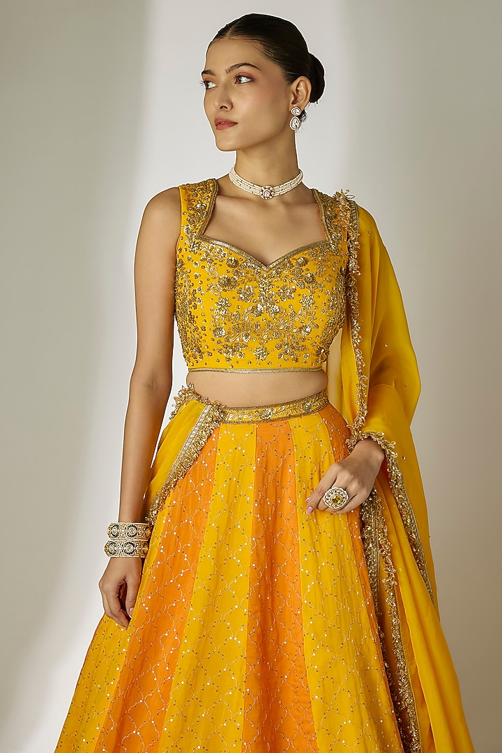 Yellow & Orange Viscose Organza Mirror Embellished Wedding Lehenga Set by Essay by Sumedha Agrawal at Pernia's Pop Up Shop