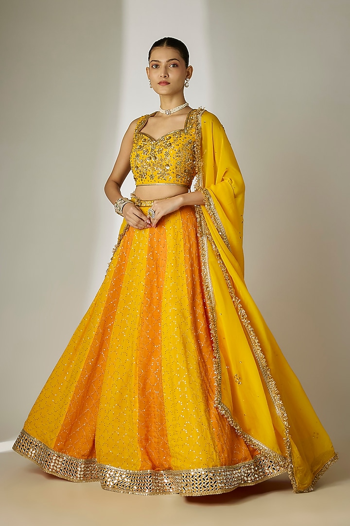 Yellow & Orange Viscose Organza Mirror Embellished Wedding Lehenga Set by Essay by Sumedha Agrawal at Pernia's Pop Up Shop