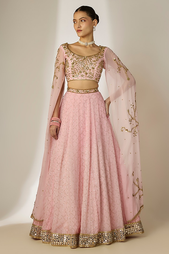 Pink Viscose Organza Mirror Embellished Wedding Lehenga Set by Essay by Sumedha Agrawal at Pernia's Pop Up Shop