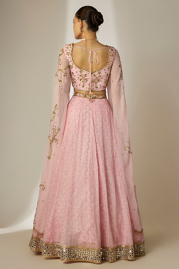 Pink Viscose Organza Mirror Embellished Wedding Lehenga Set by Essay by Sumedha Agrawal at Pernia's Pop Up Shop