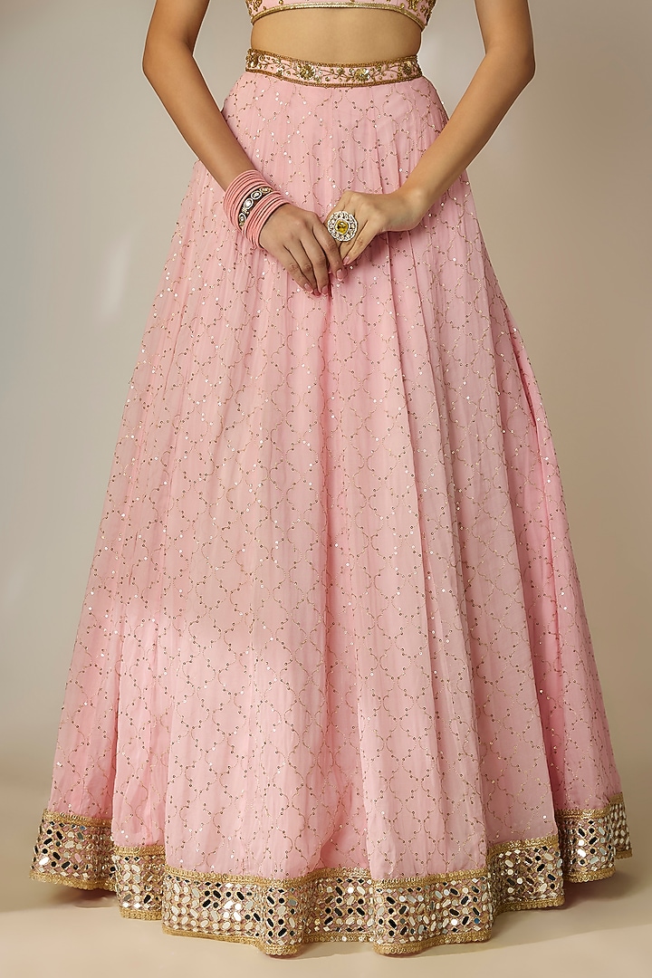 Pink Viscose Organza Mirror Embellished Wedding Lehenga Set by Essay by Sumedha Agrawal at Pernia's Pop Up Shop