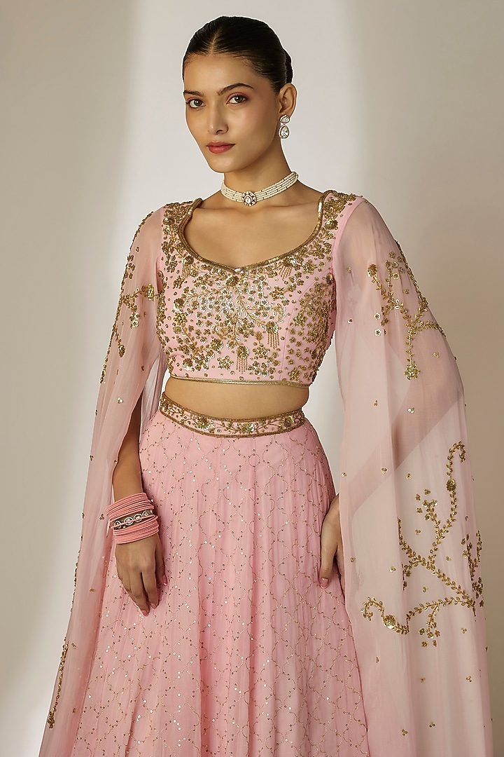 Pink Viscose Organza Mirror Embellished Wedding Lehenga Set by Essay by Sumedha Agrawal at Pernia's Pop Up Shop