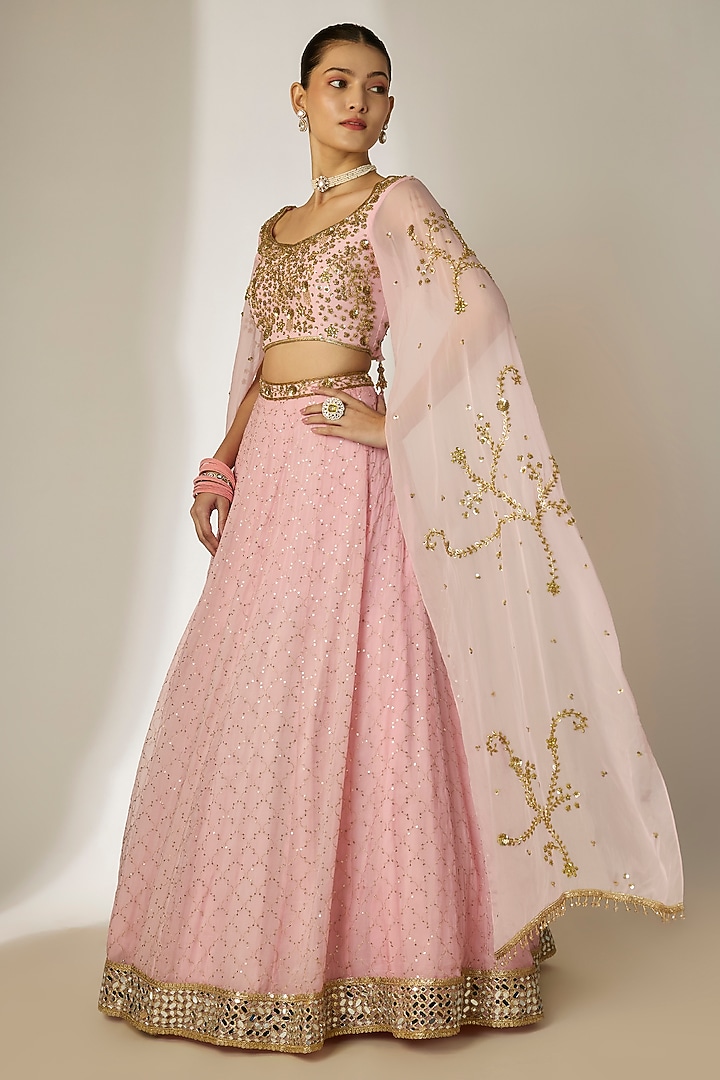 Pink Viscose Organza Mirror Embellished Wedding Lehenga Set by Essay by Sumedha Agrawal at Pernia's Pop Up Shop