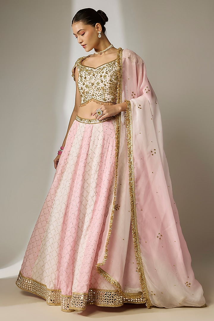 Pink Viscose Organza Mirror Embellished Wedding Lehenga Set by Essay by Sumedha Agrawal at Pernia's Pop Up Shop