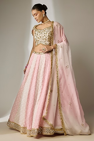 Pink Viscose Organza Mirror Embellished Lehenga Set by Essay by Sumedha Agrawal