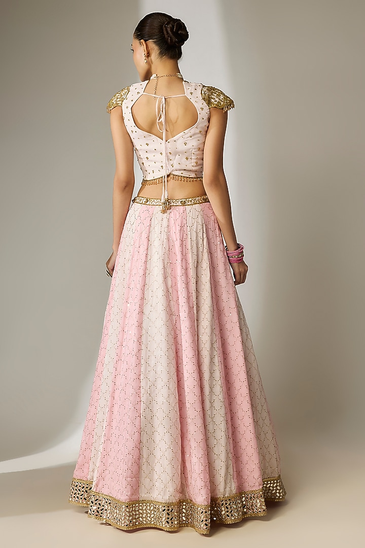 Pink Viscose Organza Mirror Embellished Wedding Lehenga Set by Essay by Sumedha Agrawal at Pernia's Pop Up Shop
