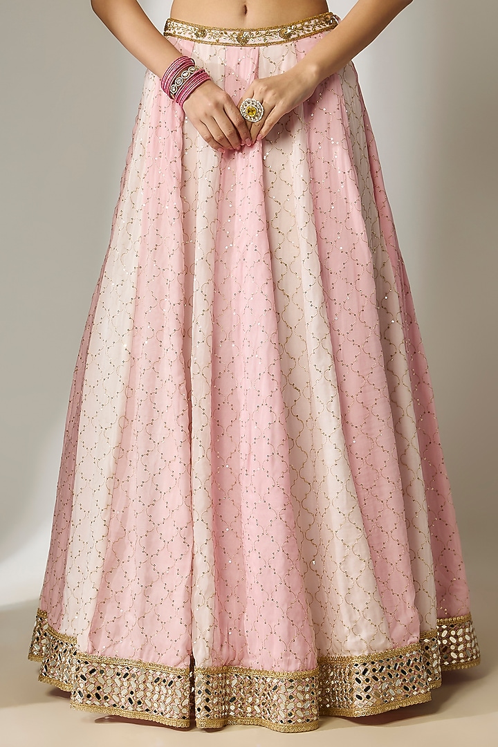 Pink Viscose Organza Mirror Embellished Wedding Lehenga Set by Essay by Sumedha Agrawal at Pernia's Pop Up Shop