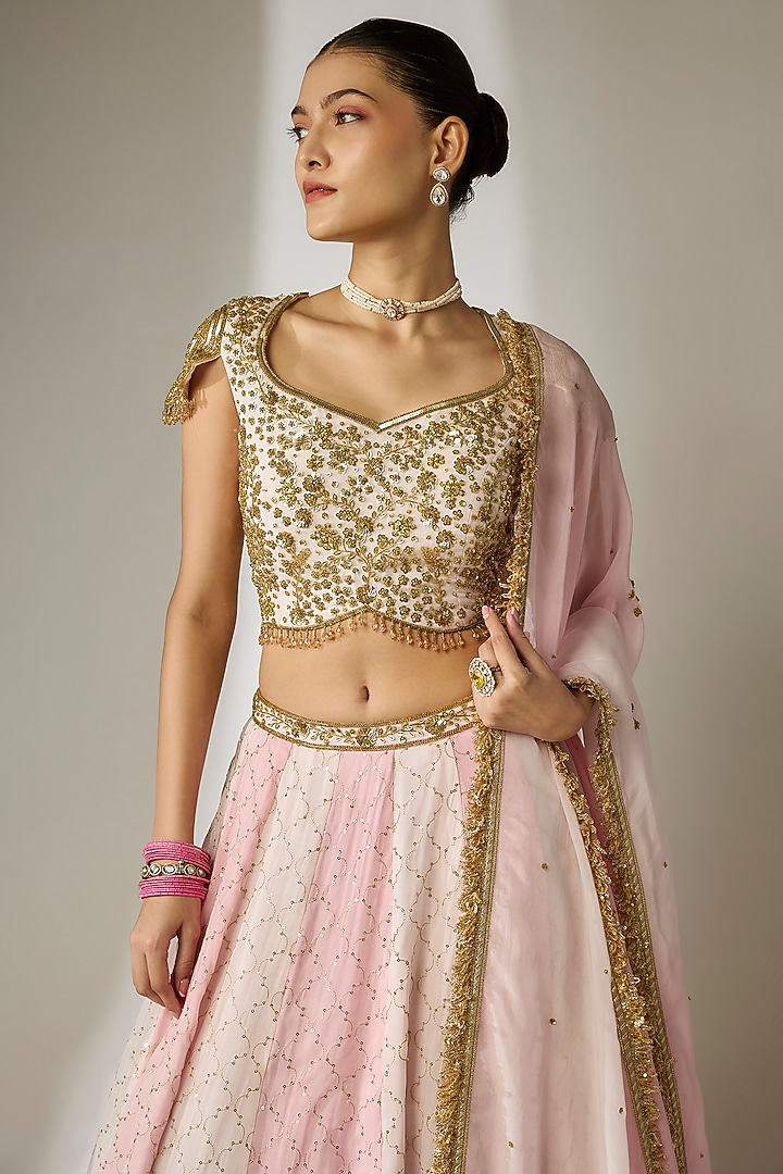 Pink Viscose Organza Mirror Embellished Wedding Lehenga Set by Essay by Sumedha Agrawal at Pernia's Pop Up Shop