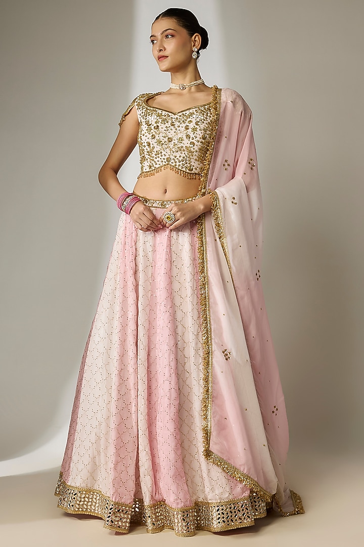 Pink Viscose Organza Mirror Embellished Wedding Lehenga Set by Essay by Sumedha Agrawal at Pernia's Pop Up Shop