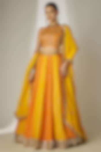 Yellow & Orange Viscose Organza Mirror Embellished Wedding Lehenga Set by Essay by Sumedha Agrawal at Pernia's Pop Up Shop