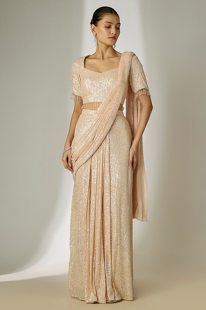 Ivory Net & Sequins Pre-Stitched Party Wear Saree Set by Essay by Sumedha Agrawal at Pernia's Pop Up Shop