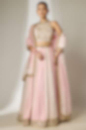 Pink Viscose Organza Mirror Embellished Wedding Lehenga Set by Essay by Sumedha Agrawal at Pernia's Pop Up Shop