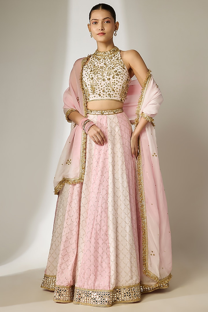 Pink Viscose Organza Mirror Embellished Wedding Lehenga Set by Essay by Sumedha Agrawal at Pernia's Pop Up Shop