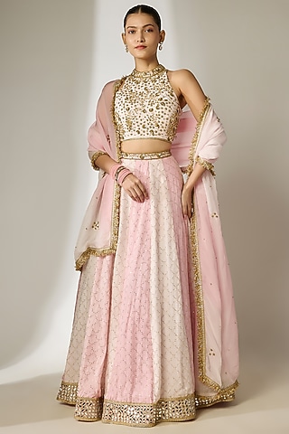 Pink Viscose Organza Mirror Embellished Lehenga Set by Essay by Sumedha Agrawal