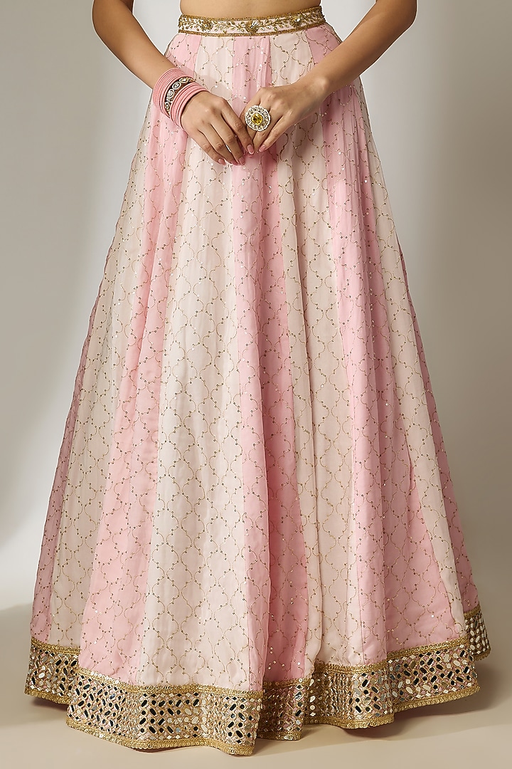 Pink Viscose Organza Mirror Embellished Wedding Lehenga Set by Essay by Sumedha Agrawal at Pernia's Pop Up Shop