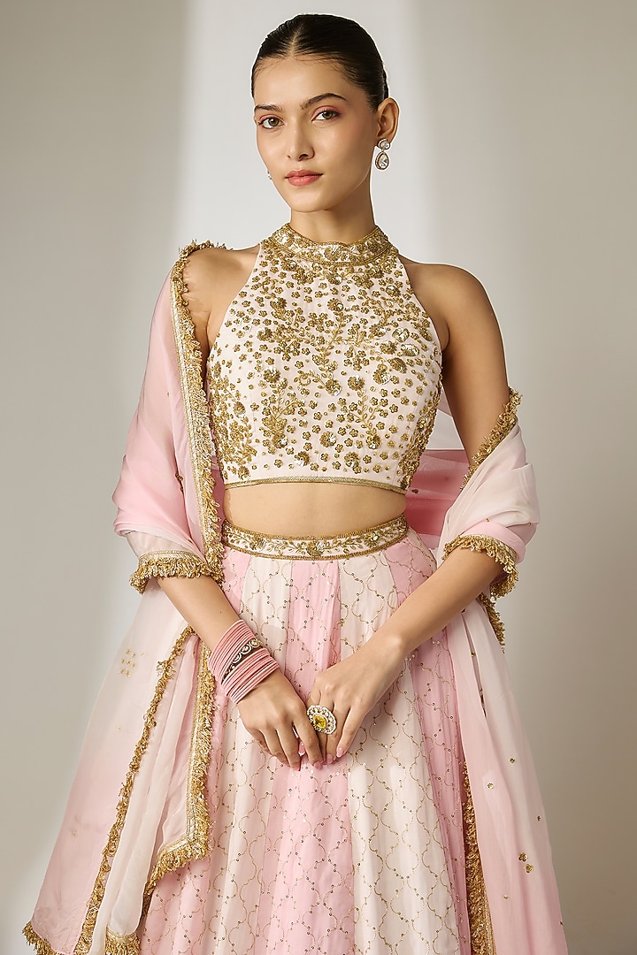 Pink Viscose Organza Mirror Embellished Wedding Lehenga Set by Essay by Sumedha Agrawal at Pernia's Pop Up Shop