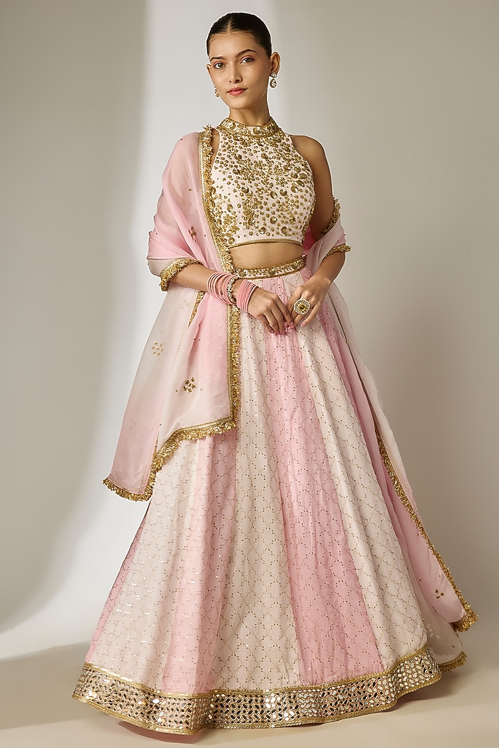 Pink Viscose Organza Mirror Embellished Wedding Lehenga Set by Essay by Sumedha Agrawal at Pernia's Pop Up Shop