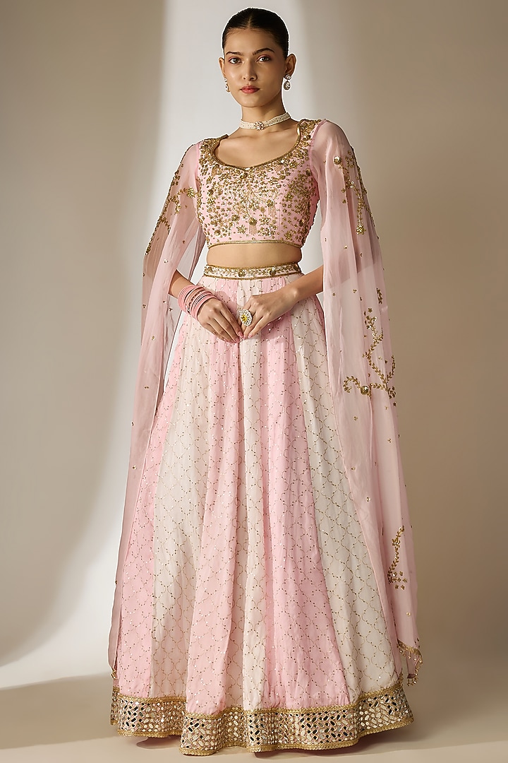 Pink Viscose Organza Mirror Embellished Wedding Lehenga Set by Essay by Sumedha Agrawal at Pernia's Pop Up Shop