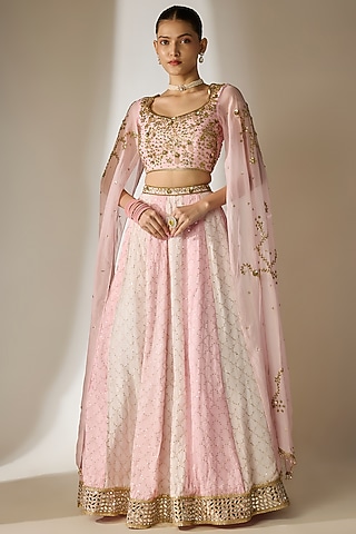 Pink Viscose Organza Mirror Embellished Lehenga Set by Essay by Sumedha Agrawal