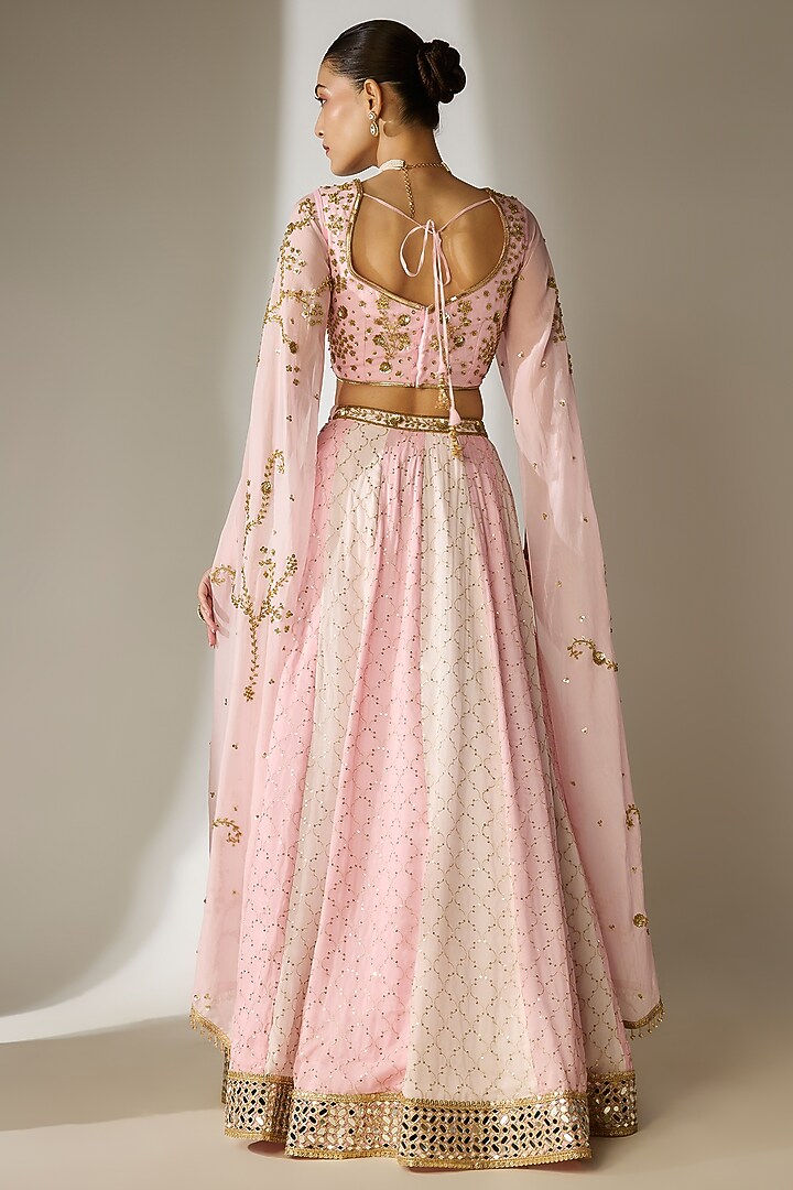 Pink Viscose Organza Mirror Embellished Wedding Lehenga Set by Essay by Sumedha Agrawal at Pernia's Pop Up Shop