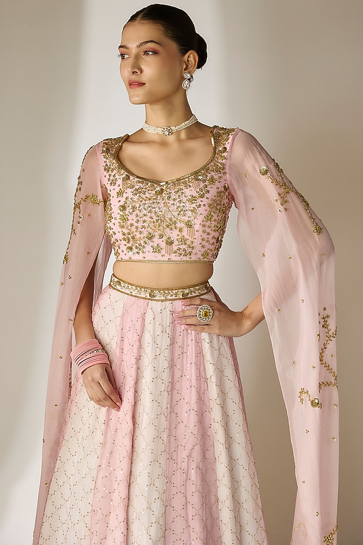Pink Viscose Organza Mirror Embellished Wedding Lehenga Set by Essay by Sumedha Agrawal at Pernia's Pop Up Shop
