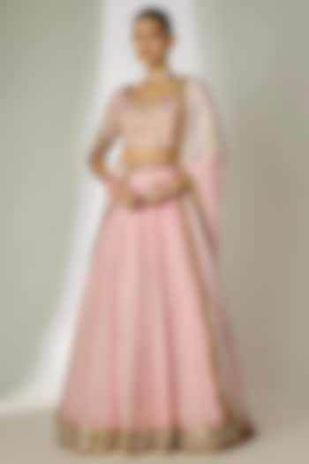 Pink Viscose Organza Mirror Embellished Wedding Lehenga Set by Essay by Sumedha Agrawal at Pernia's Pop Up Shop