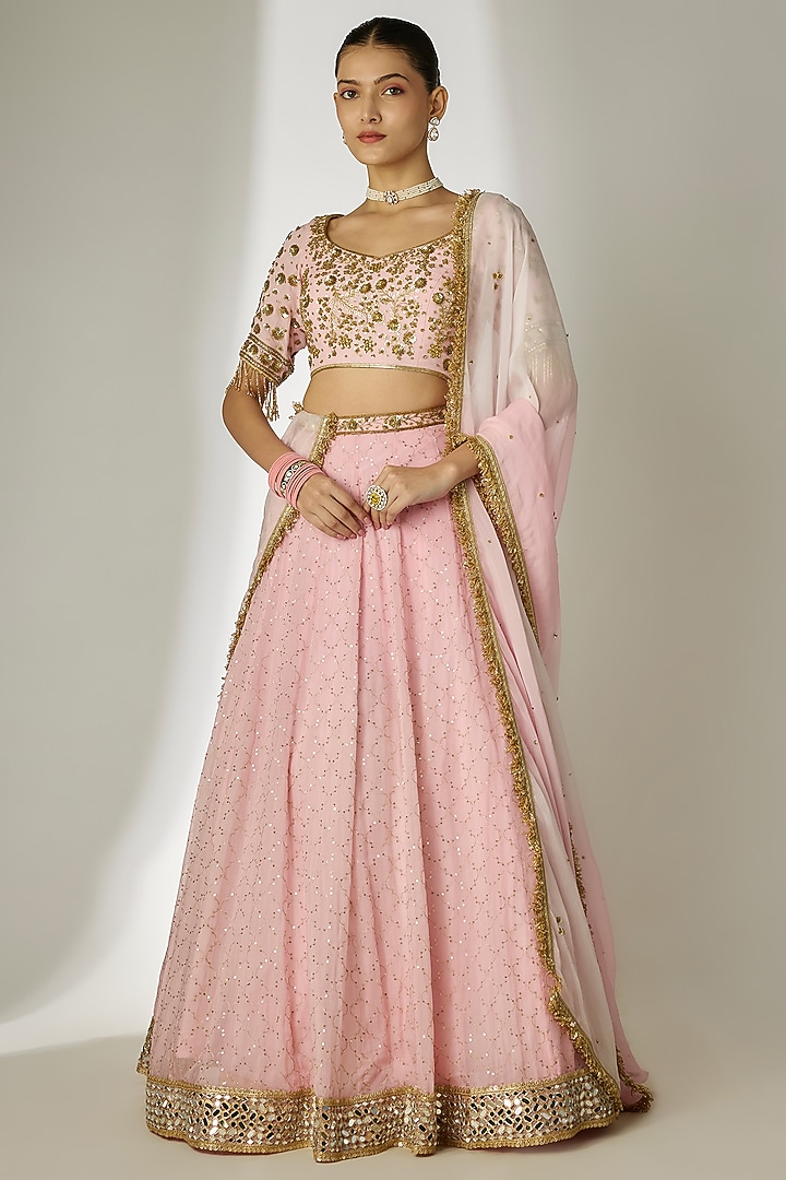 Pink Viscose Organza Mirror Embellished Wedding Lehenga Set by Essay by Sumedha Agrawal at Pernia's Pop Up Shop