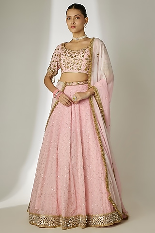 Pink Viscose Organza Mirror Embellished Lehenga Set by Essay by Sumedha Agrawal