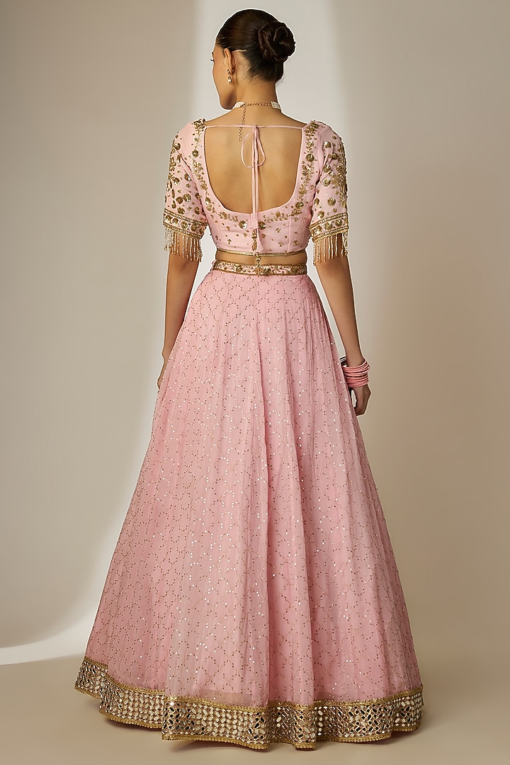 Pink Viscose Organza Mirror Embellished Wedding Lehenga Set by Essay by Sumedha Agrawal at Pernia's Pop Up Shop