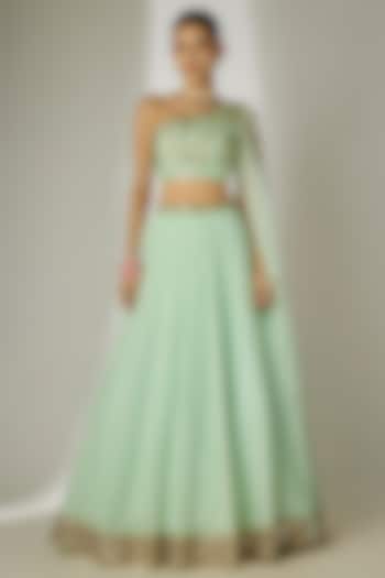 Mint Green Viscose Organza Mirror Embellished Wedding Lehenga Set by Essay by Sumedha Agrawal at Pernia's Pop Up Shop