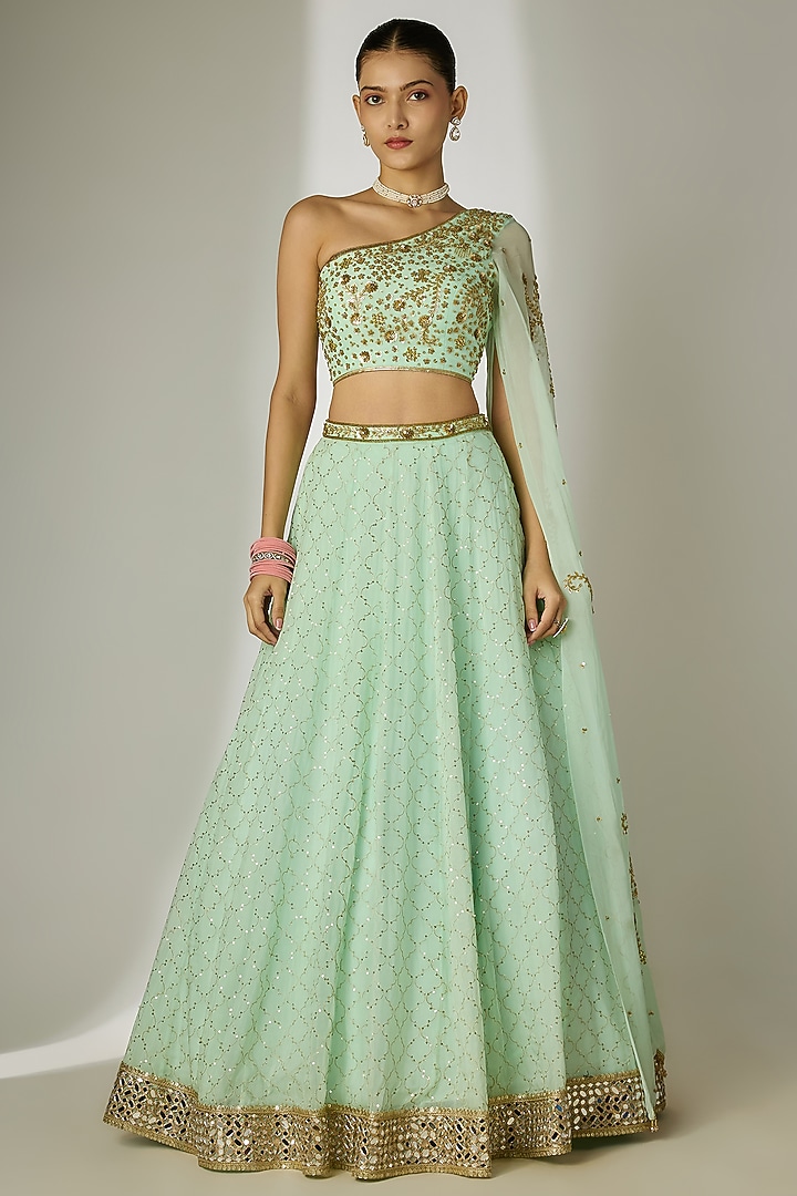 Mint Green Viscose Organza Mirror Embellished Wedding Lehenga Set by Essay by Sumedha Agrawal at Pernia's Pop Up Shop