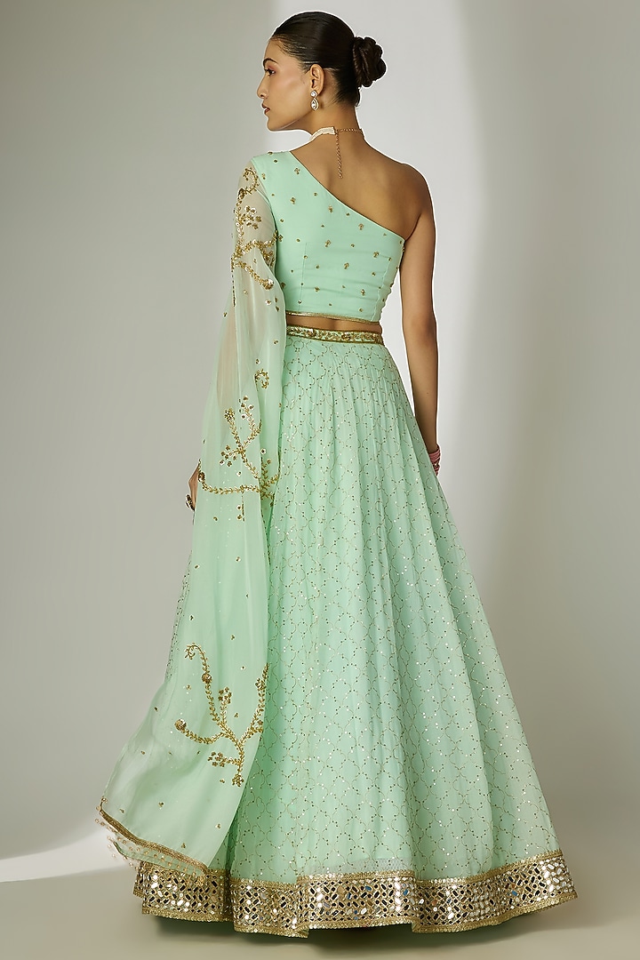 Mint Green Viscose Organza Mirror Embellished Wedding Lehenga Set by Essay by Sumedha Agrawal at Pernia's Pop Up Shop