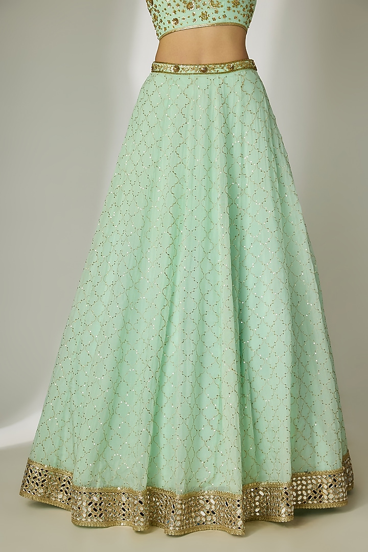 Mint Green Viscose Organza Mirror Embellished Wedding Lehenga Set by Essay by Sumedha Agrawal at Pernia's Pop Up Shop