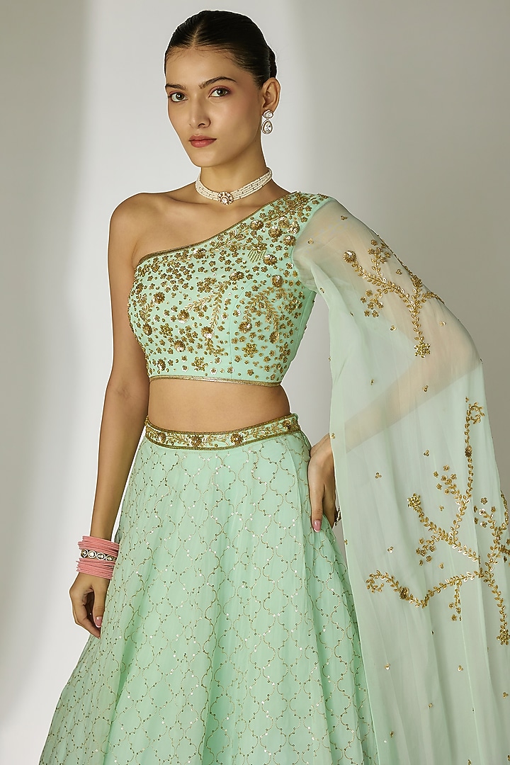 Mint Green Viscose Organza Mirror Embellished Wedding Lehenga Set by Essay by Sumedha Agrawal at Pernia's Pop Up Shop