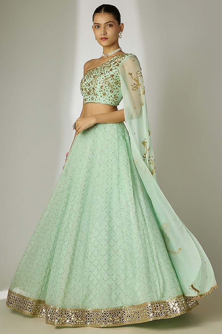 Mint Green Viscose Organza Mirror Embellished Wedding Lehenga Set by Essay by Sumedha Agrawal at Pernia's Pop Up Shop