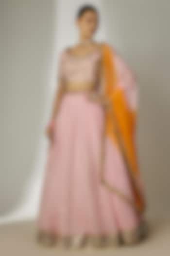 Pink Viscose Organza Mirror Embellished Wedding Lehenga Set by Essay by Sumedha Agrawal at Pernia's Pop Up Shop