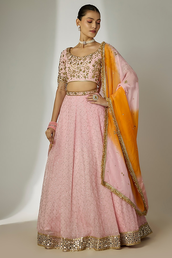 Pink Viscose Organza Mirror Embellished Wedding Lehenga Set by Essay by Sumedha Agrawal at Pernia's Pop Up Shop