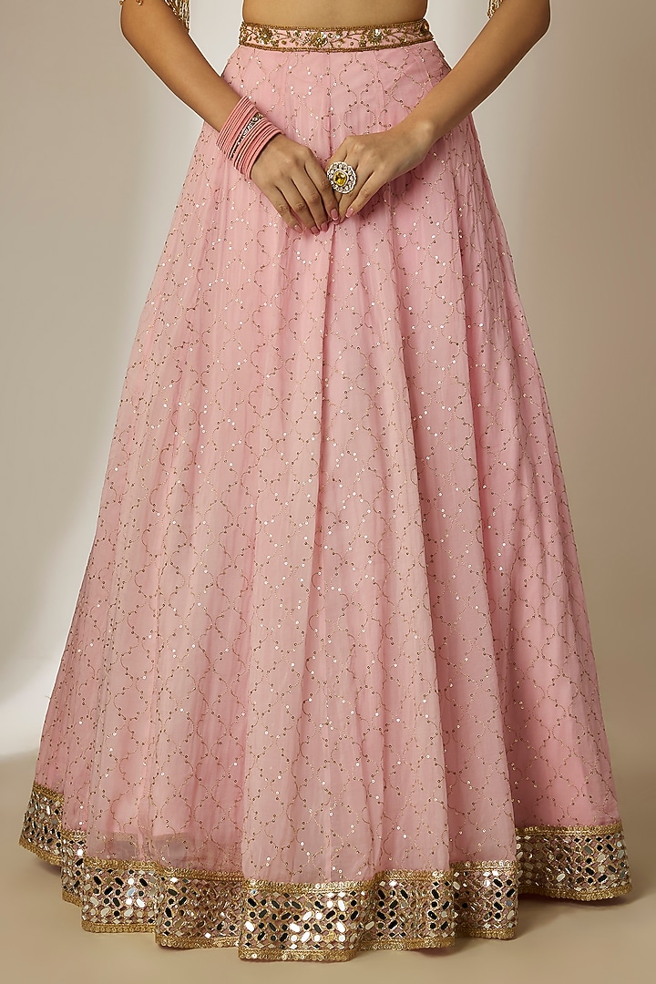 Pink Viscose Organza Mirror Embellished Wedding Lehenga Set by Essay by Sumedha Agrawal at Pernia's Pop Up Shop