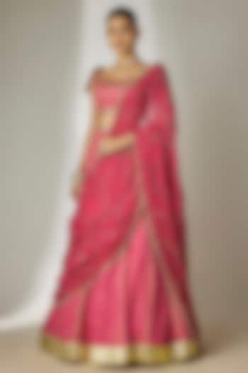 Pink Chanderi Satin Hand Embroidered Wedding Lehenga Set by Essay by Sumedha Agrawal at Pernia's Pop Up Shop
