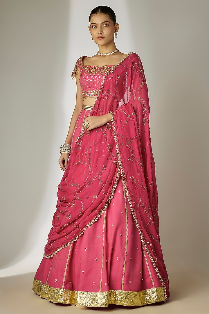 Pink Chanderi Satin Hand Embroidered Wedding Lehenga Set by Essay by Sumedha Agrawal at Pernia's Pop Up Shop