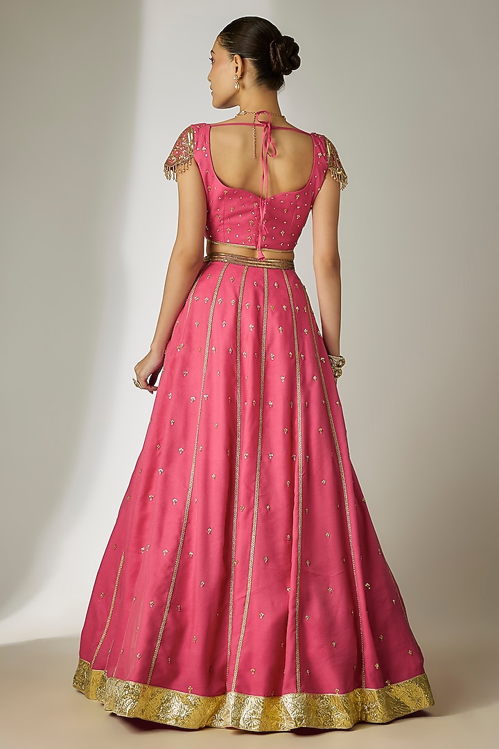 Pink Chanderi Satin Hand Embroidered Wedding Lehenga Set by Essay by Sumedha Agrawal at Pernia's Pop Up Shop