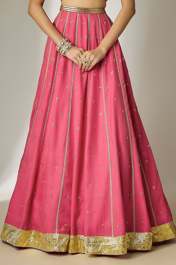 Pink Chanderi Satin Hand Embroidered Wedding Lehenga Set by Essay by Sumedha Agrawal at Pernia's Pop Up Shop