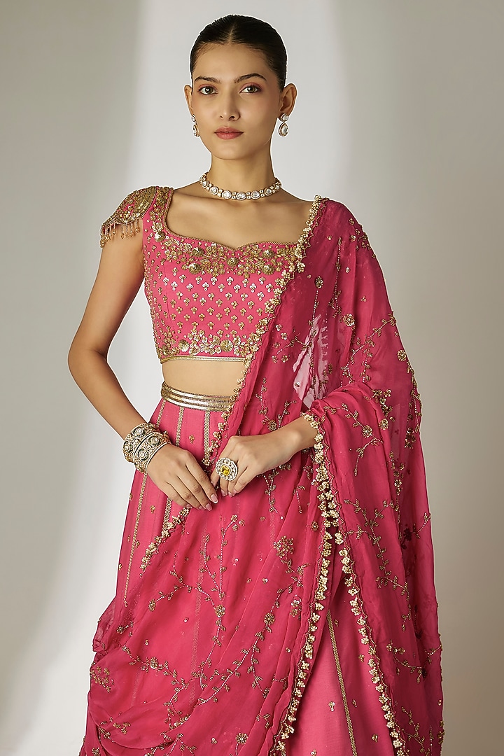 Pink Chanderi Satin Hand Embroidered Wedding Lehenga Set by Essay by Sumedha Agrawal at Pernia's Pop Up Shop