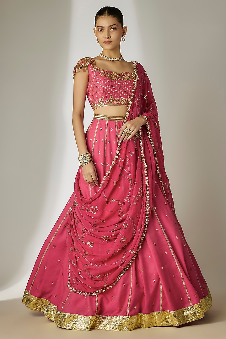 Pink Chanderi Satin Hand Embroidered Wedding Lehenga Set by Essay by Sumedha Agrawal at Pernia's Pop Up Shop