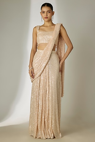 Ivory Net & Sequins Pre-Stitched Saree Set by Essay by Sumedha Agrawal