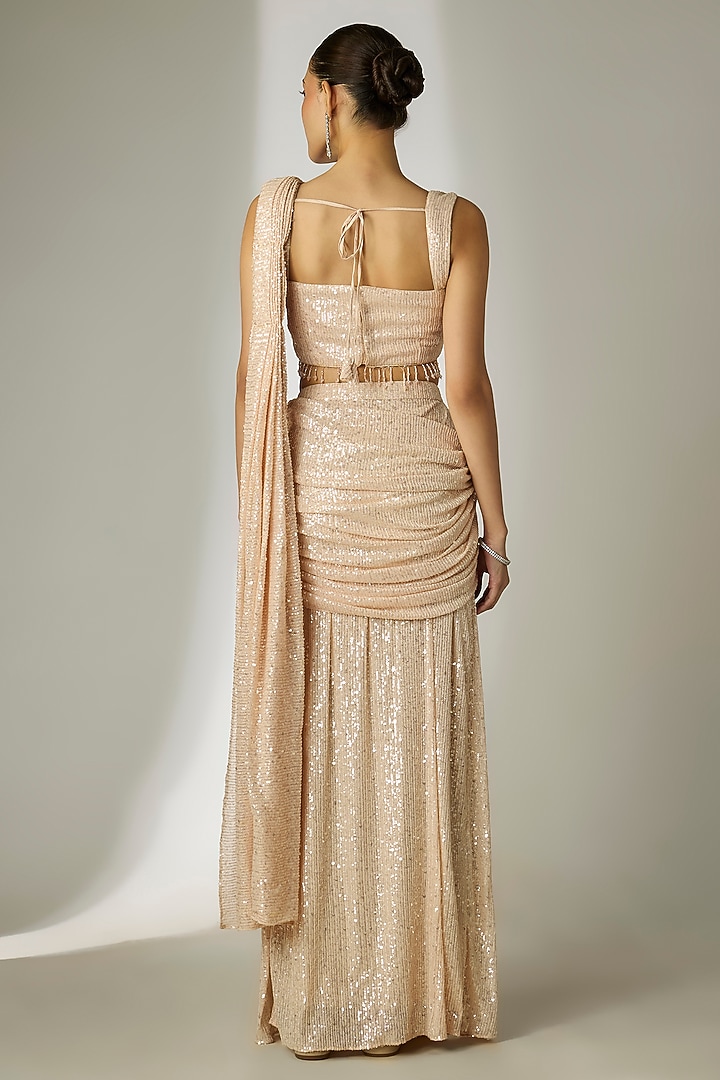 Ivory Net & Sequins Pre-Stitched Party Wear Saree Set by Essay by Sumedha Agrawal at Pernia's Pop Up Shop