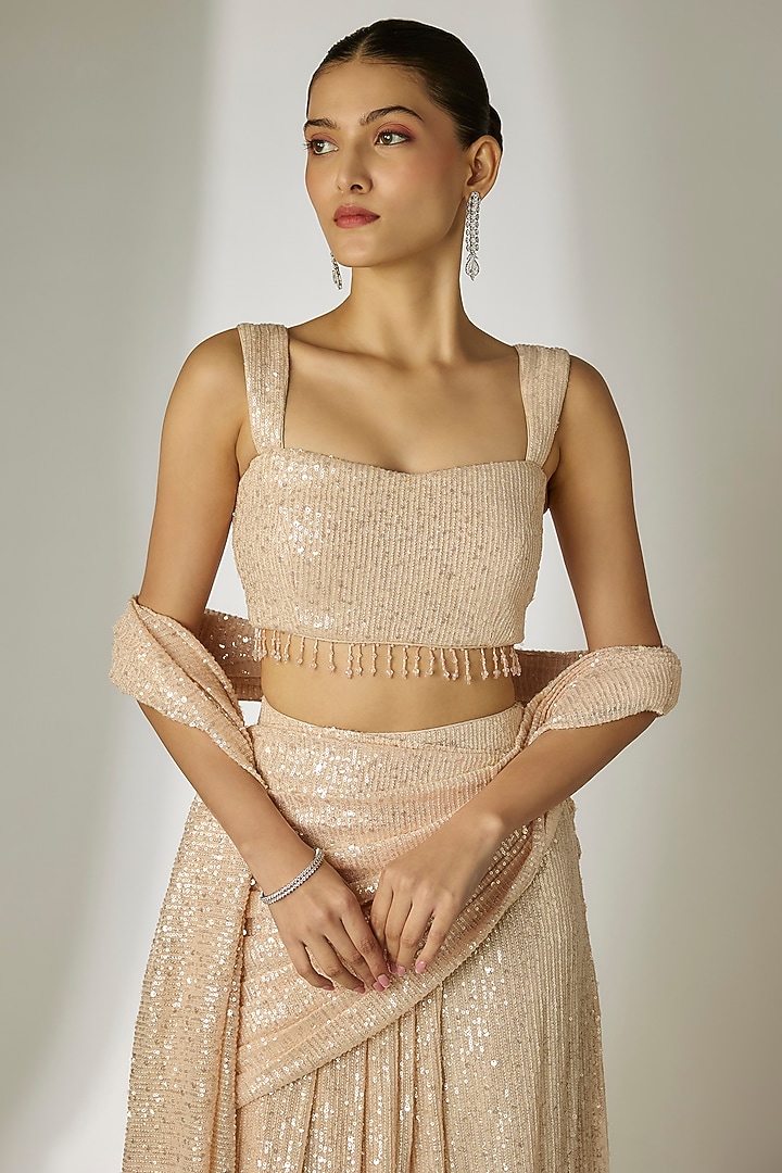 Ivory Net & Sequins Pre-Stitched Party Wear Saree Set by Essay by Sumedha Agrawal at Pernia's Pop Up Shop