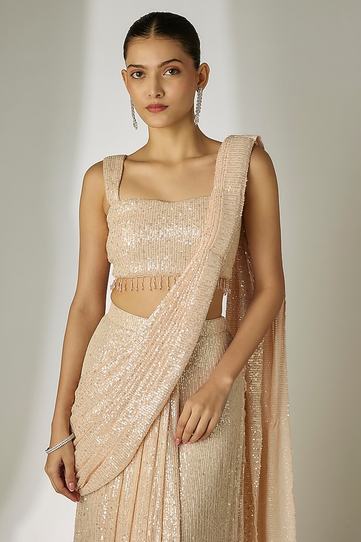 Ivory Net & Sequins Pre-Stitched Party Wear Saree Set by Essay by Sumedha Agrawal at Pernia's Pop Up Shop