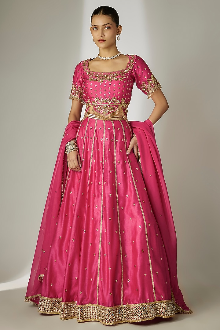 Pink Silk Chanderi Hand Embroidered Wedding Lehenga Set by Essay by Sumedha Agrawal at Pernia's Pop Up Shop
